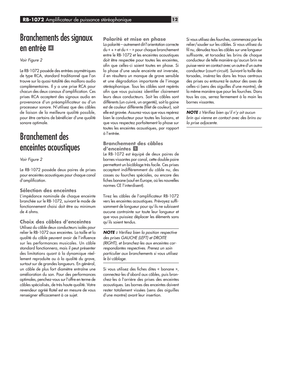 Branchements des signaux en entrée, Branchement des enceintes acoustiques | ROTEL RB-1072 User Manual | Page 12 / 42