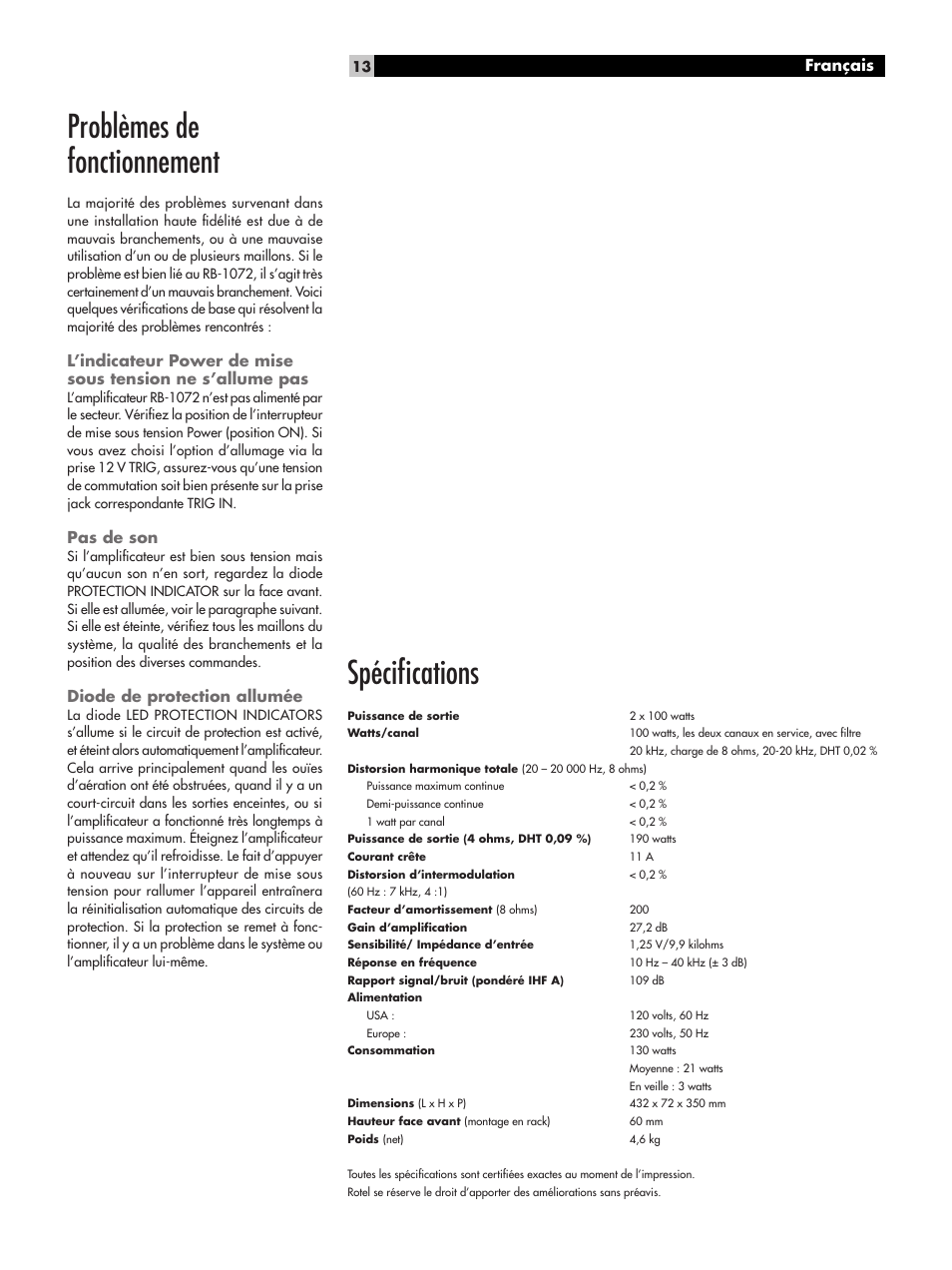 Spéciﬁcations, Problèmes de fonctionnement, Français | Pas de son, Diode de protection allumée | ROTEL RB-1072 User Manual | Page 13 / 42