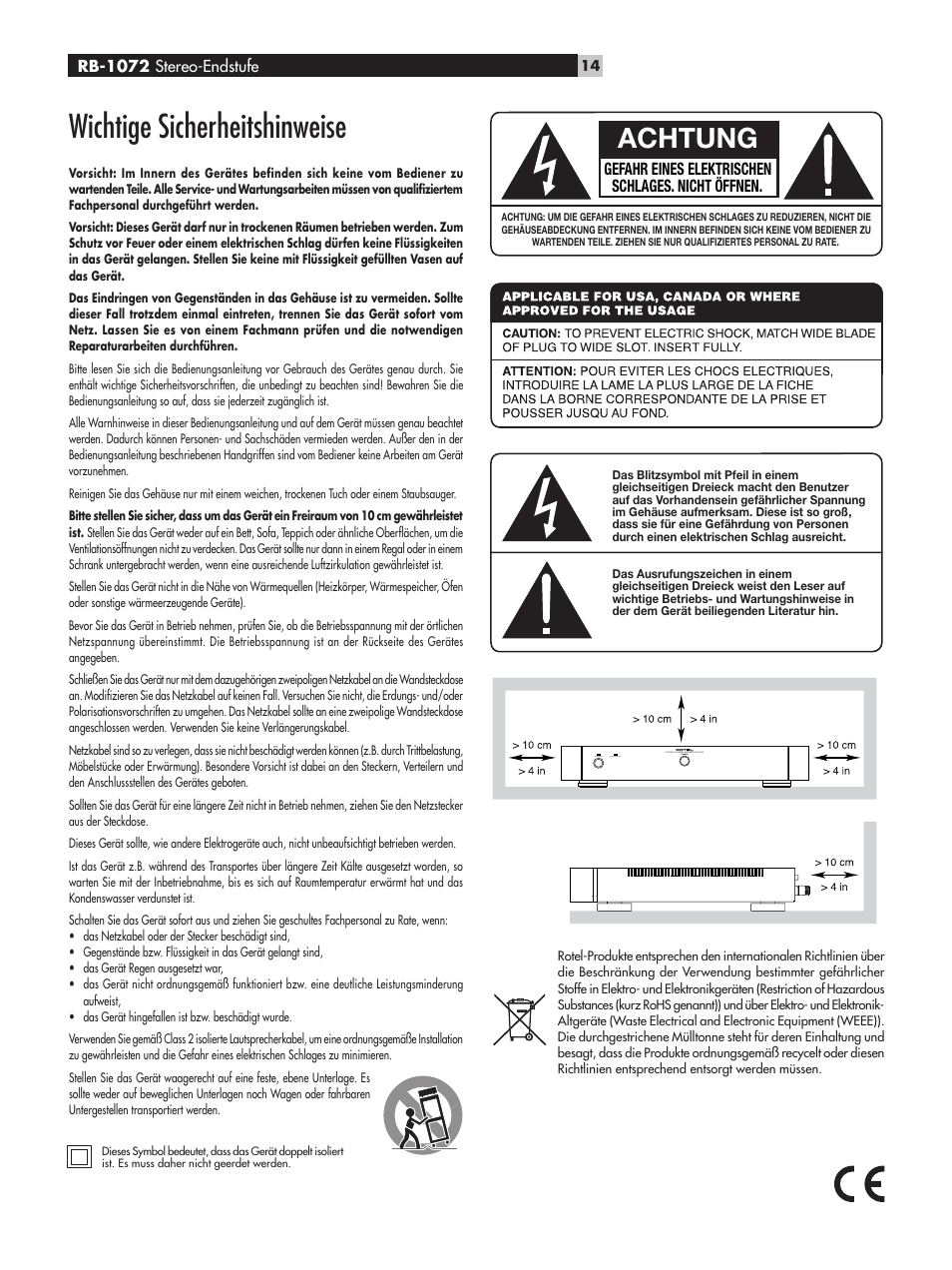 Wichtige sicherheitshinweise, Achtung, Gefahr eines elektrischen schlages. nicht öffnen | ROTEL RB-1072 User Manual | Page 14 / 42