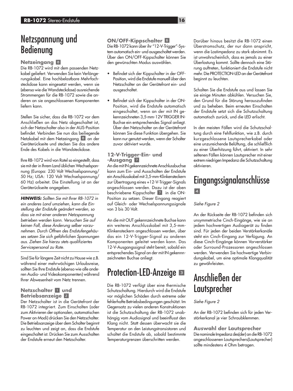 Netzspannung und bedienung, Protection-led-anzeige, Eingangssignalanschlüsse | Anschließen der lautsprecher | ROTEL RB-1072 User Manual | Page 16 / 42