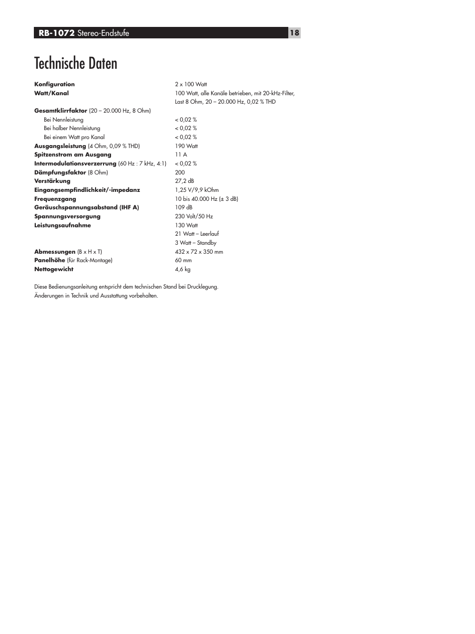 Technische daten, Rb-1072 stereo-endstufe | ROTEL RB-1072 User Manual | Page 18 / 42