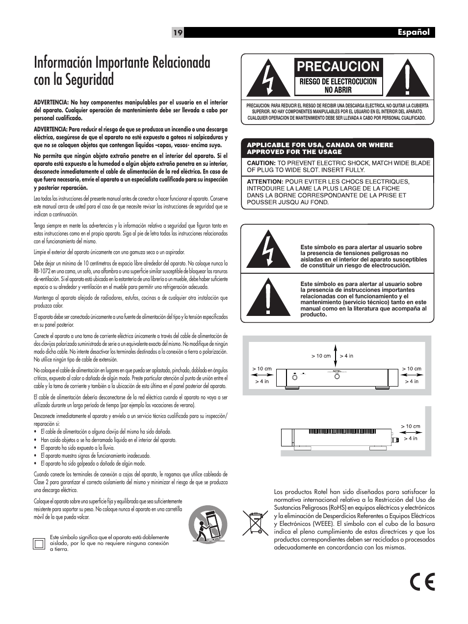 Precaucion, Riesgo de electrocucion no abrir | ROTEL RB-1072 User Manual | Page 19 / 42