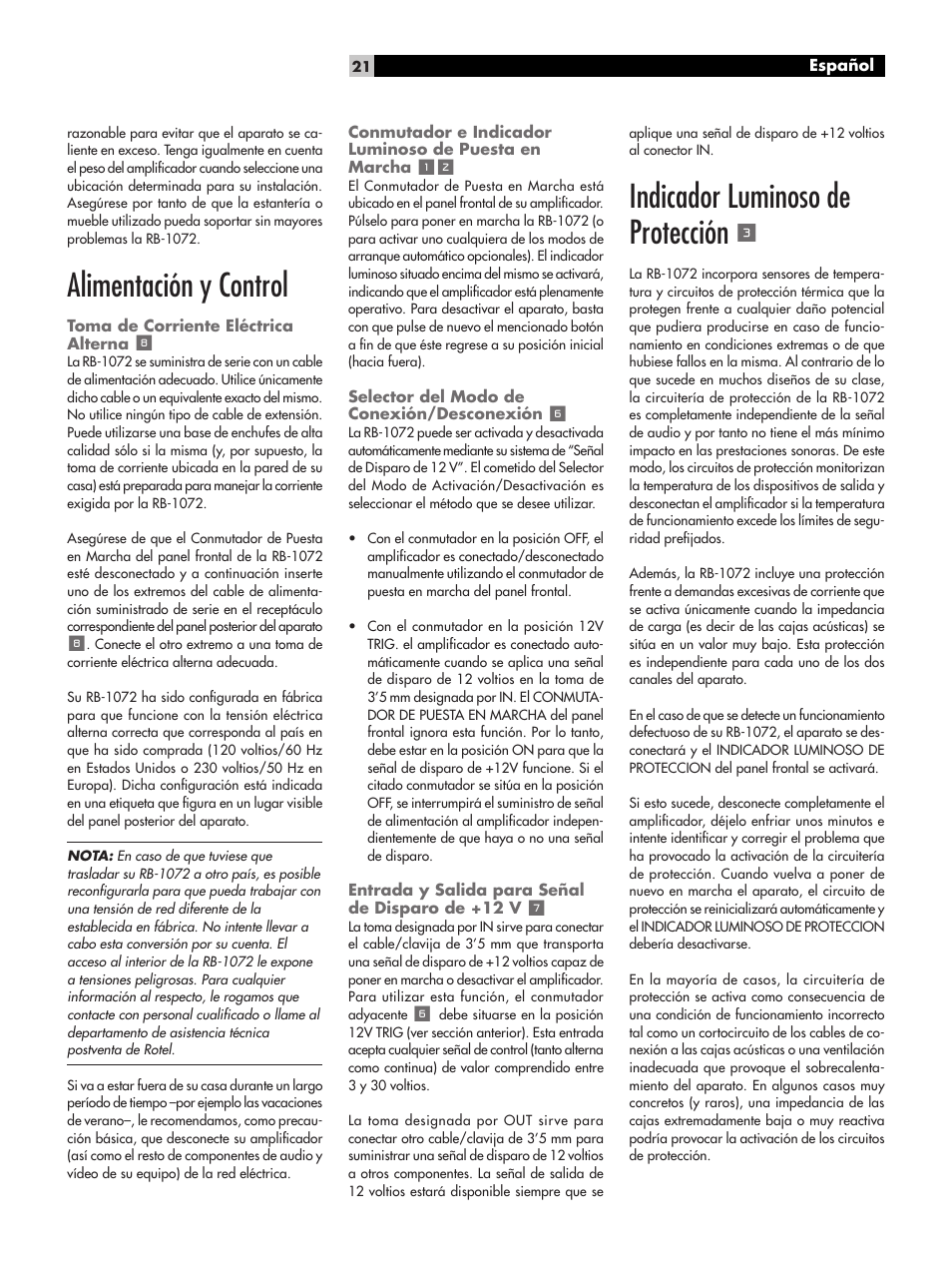 Alimentación y control, Indicador luminoso de protección | ROTEL RB-1072 User Manual | Page 21 / 42