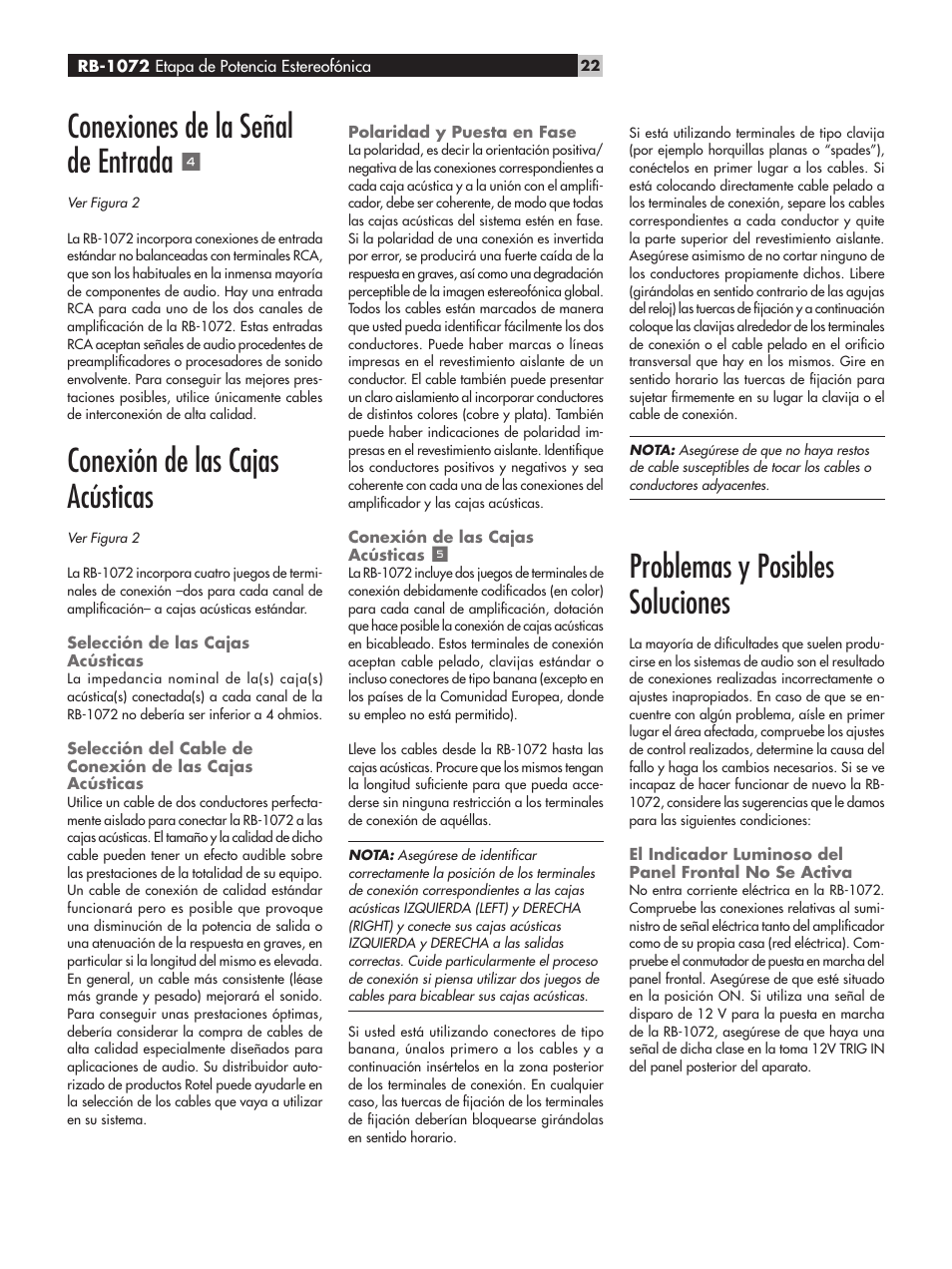 Conexiones de la señal de entrada, Conexión de las cajas acústicas, Problemas y posibles soluciones | ROTEL RB-1072 User Manual | Page 22 / 42