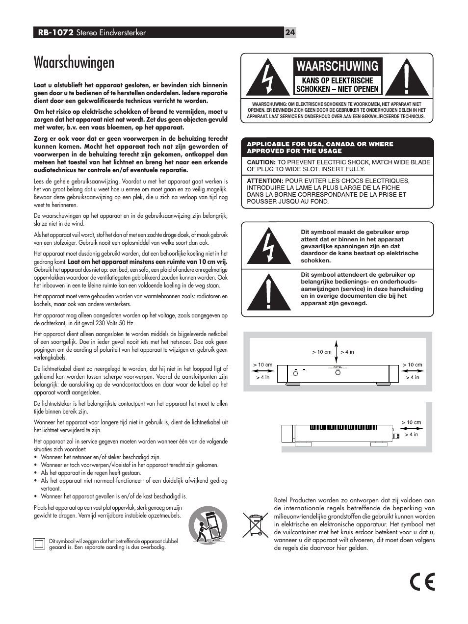 Waarschuwingen, Waarschuwing | ROTEL RB-1072 User Manual | Page 24 / 42