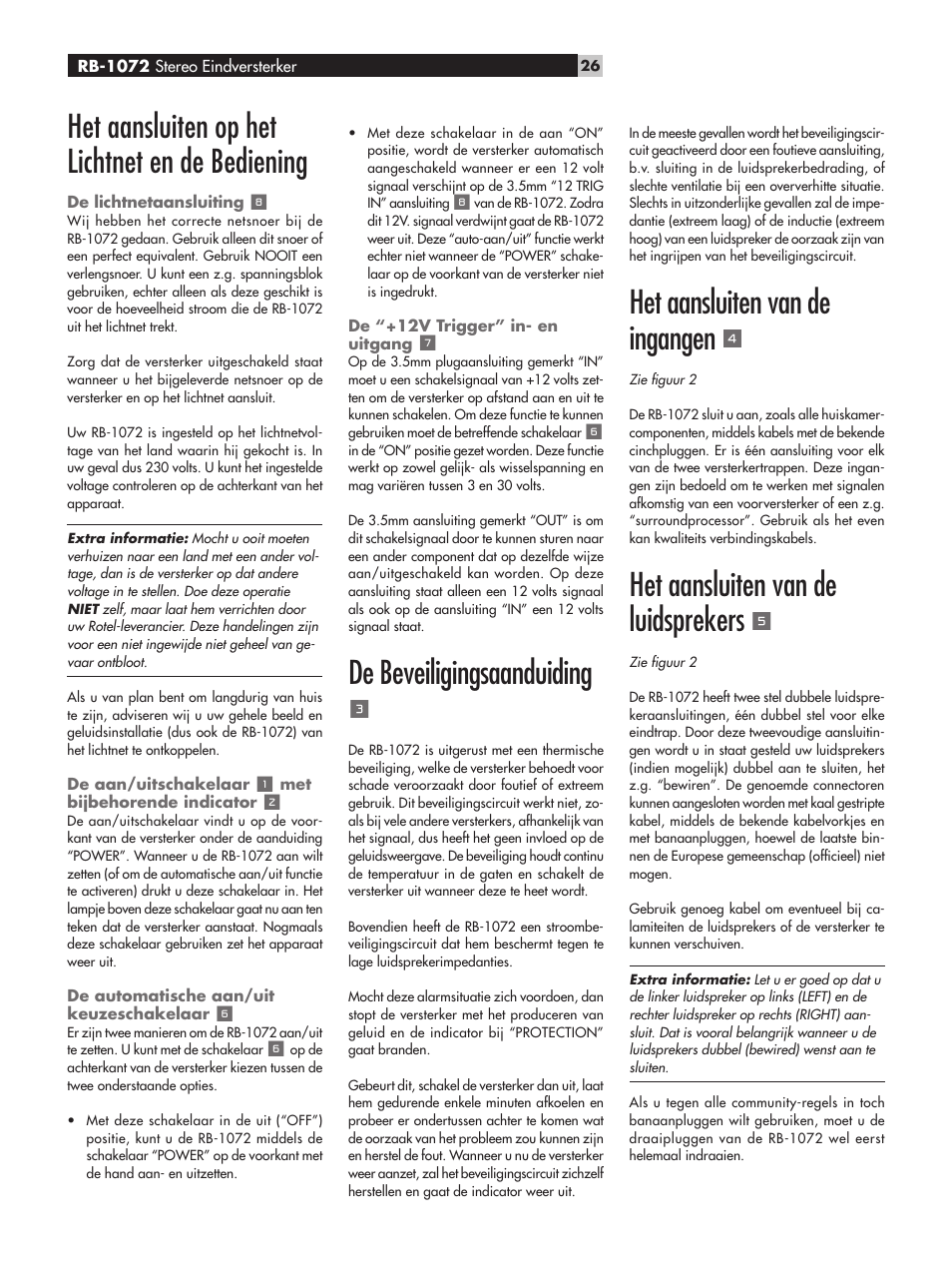 Het aansluiten op het lichtnet en de bediening, De beveiligingsaanduiding, Het aansluiten van de ingangen | Het aansluiten van de luidsprekers | ROTEL RB-1072 User Manual | Page 26 / 42