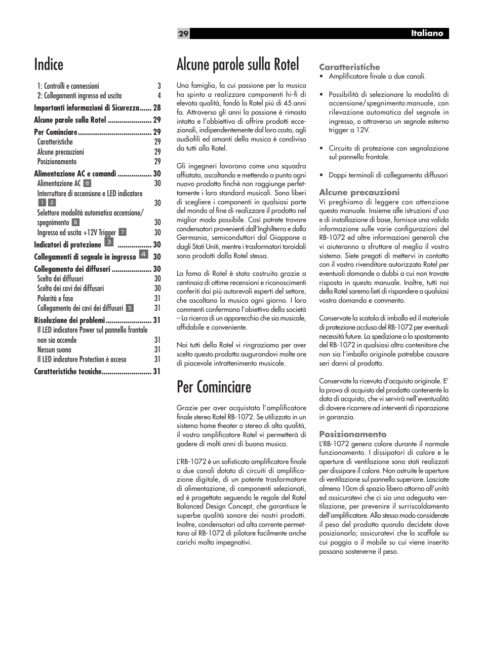 Indice, Alcune parole sulla rotel, Per cominciare | ROTEL RB-1072 User Manual | Page 29 / 42