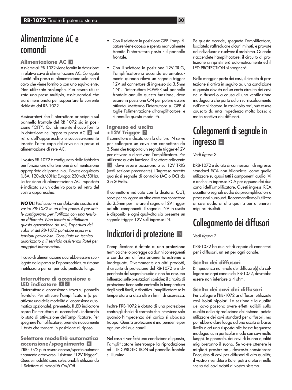 Alimentazione ac e comandi, Indicatori di protezione, Collegamenti di segnale in ingresso | Collegamento dei diffusori | ROTEL RB-1072 User Manual | Page 30 / 42