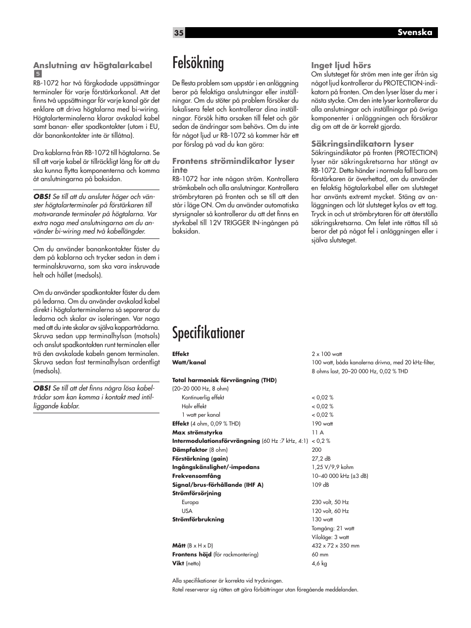 Felsökning, Speciﬁkationer | ROTEL RB-1072 User Manual | Page 35 / 42