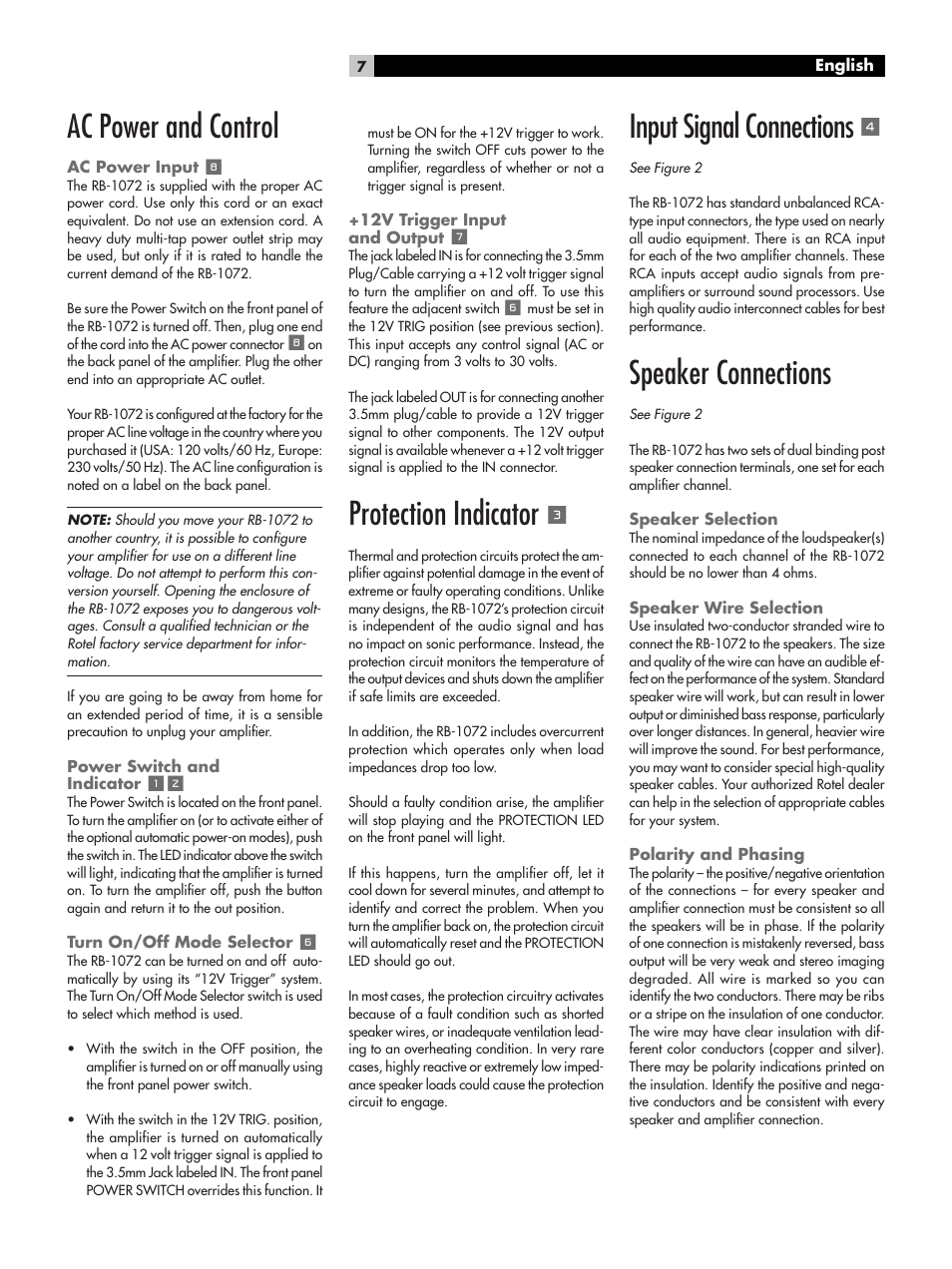 Ac power and control, Protection indicator, Input signal connections | Speaker connections | ROTEL RB-1072 User Manual | Page 7 / 42