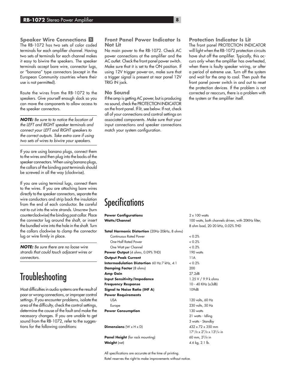Troubleshooting, Speciﬁcations, Front panel power indicator is not lit | No sound, Protection indicator is lit | ROTEL RB-1072 User Manual | Page 8 / 42