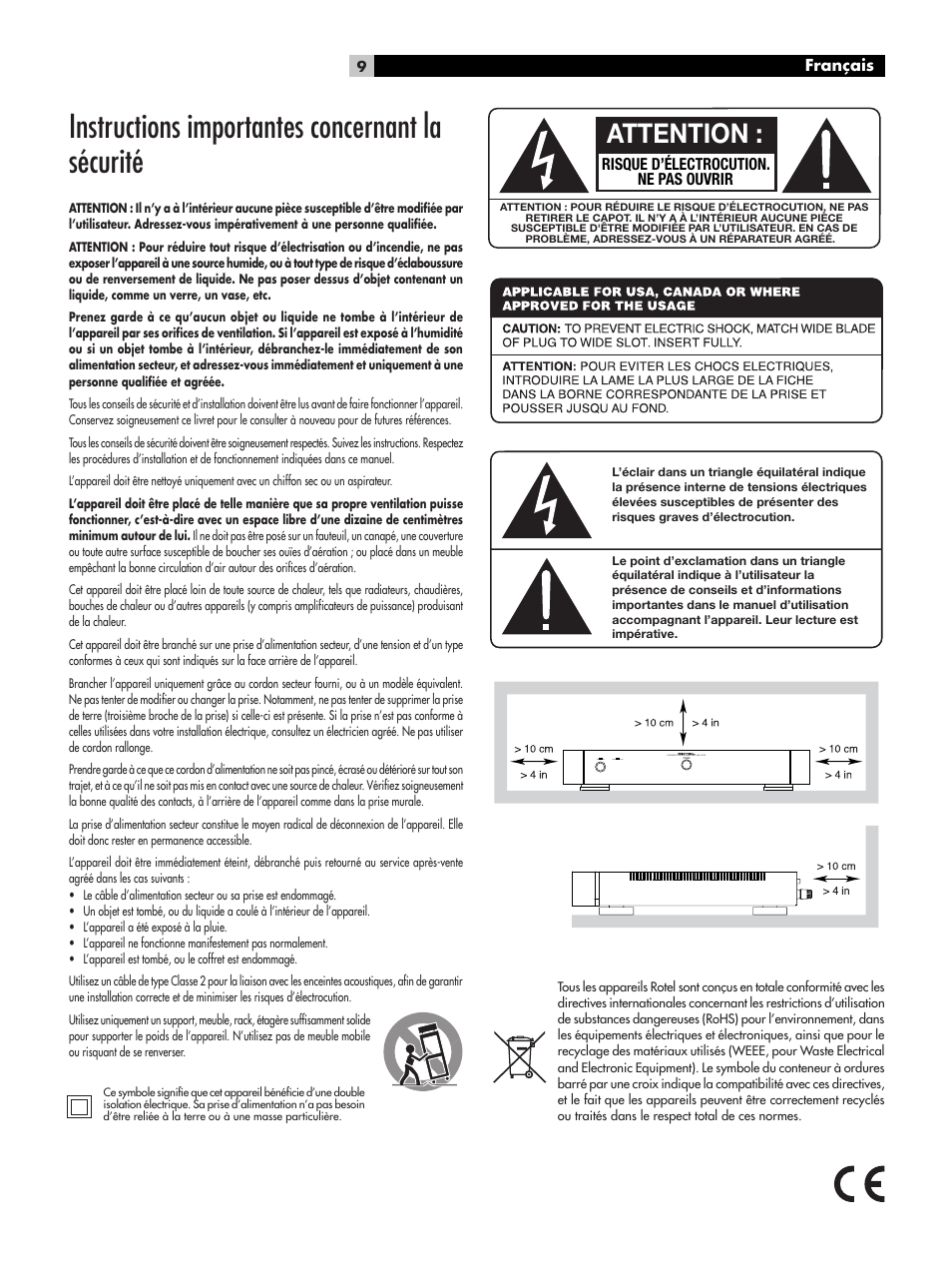 Instructions importantes concernant la sécurité, Attention | ROTEL RB-1072 User Manual | Page 9 / 42