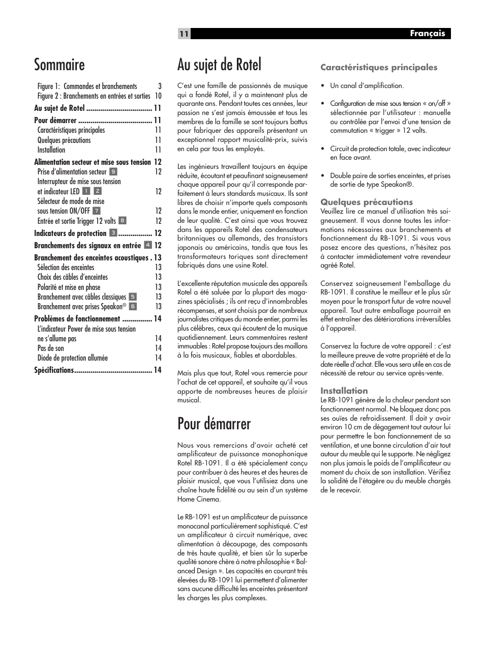 Au sujet de rotel, Pour démarrer, Sommaire | ROTEL RB-1091 User Manual | Page 11 / 52