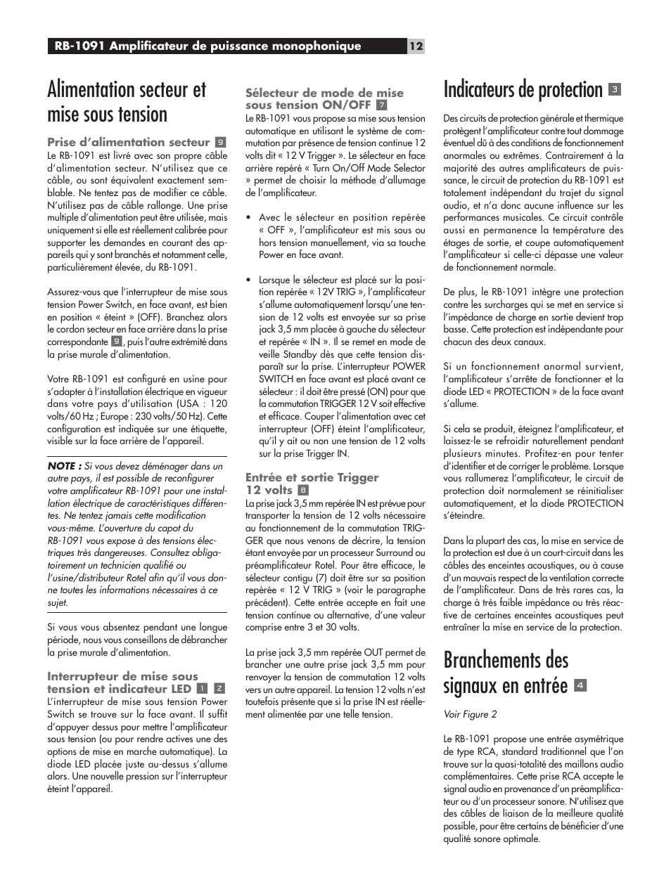 Alimentation secteur et mise sous tension, Indicateurs de protection, Branchements des signaux en entrée | ROTEL RB-1091 User Manual | Page 12 / 52