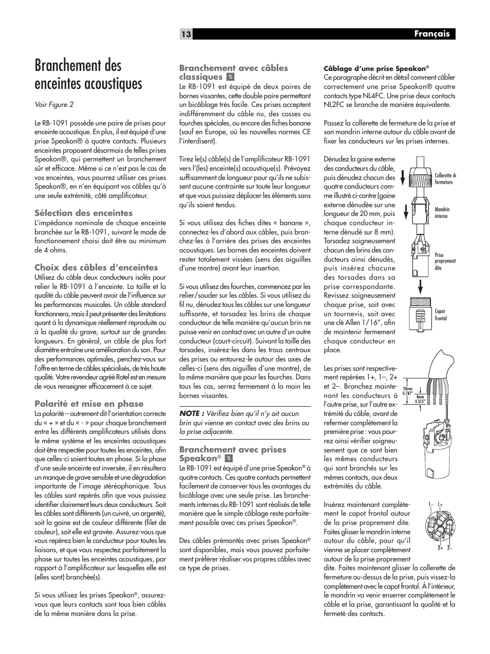 Branchement des enceintes acoustiques | ROTEL RB-1091 User Manual | Page 13 / 52