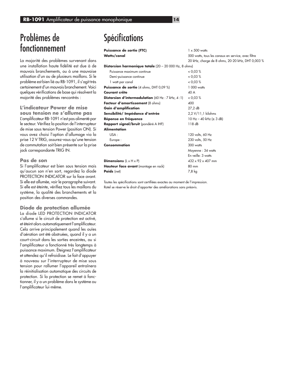 Problèmes de fonctionnement, Spéciﬁcations, Rb-1091 ampliﬁcateur de puissance monophonique | Pas de son, Diode de protection allumée | ROTEL RB-1091 User Manual | Page 14 / 52