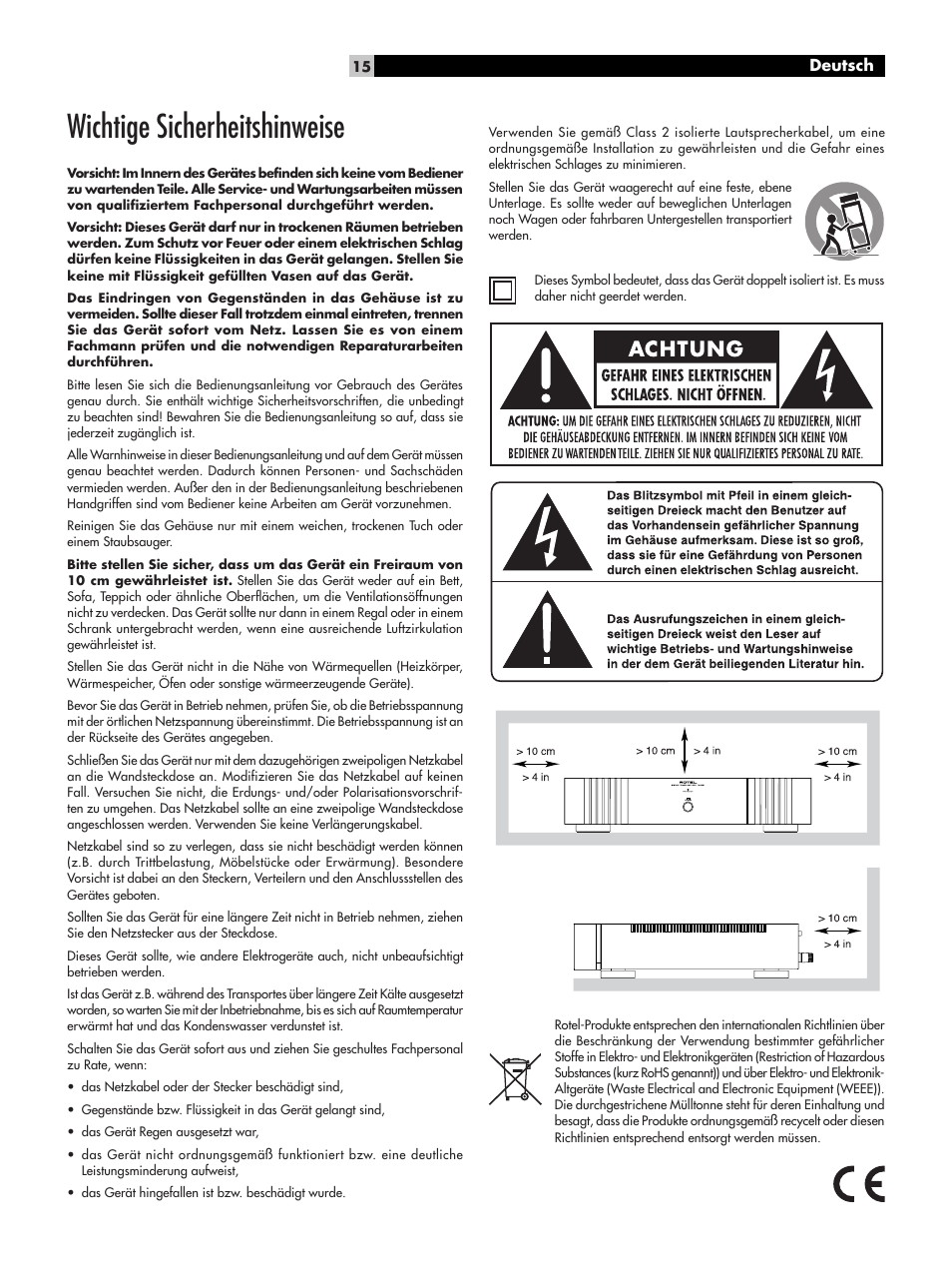 Wichtige sicherheitshinweise, Deutsch | ROTEL RB-1091 User Manual | Page 15 / 52