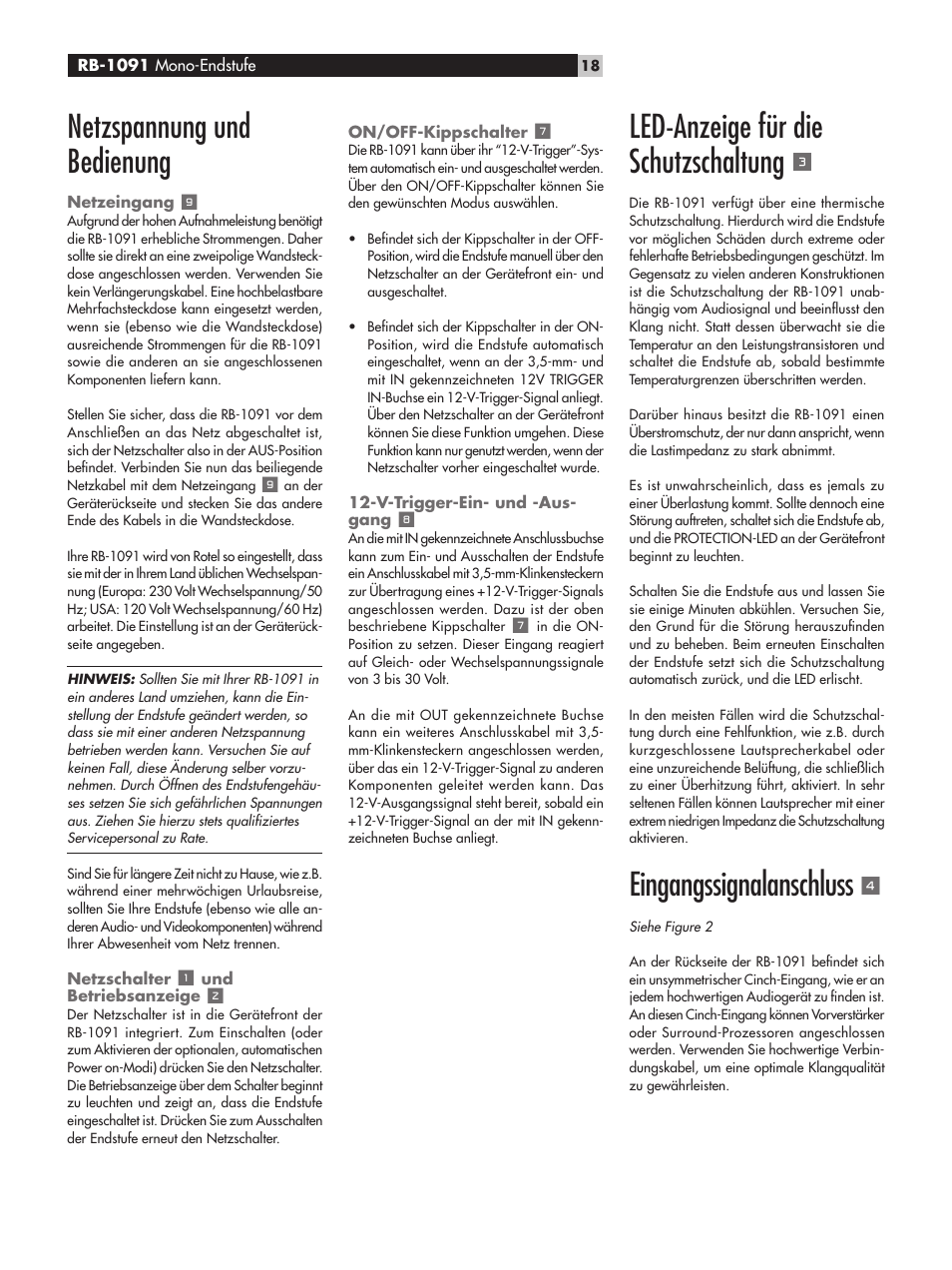 Netzspannung und bedienung, Led-anzeige für die schutzschaltung, Eingangssignalanschluss | ROTEL RB-1091 User Manual | Page 18 / 52