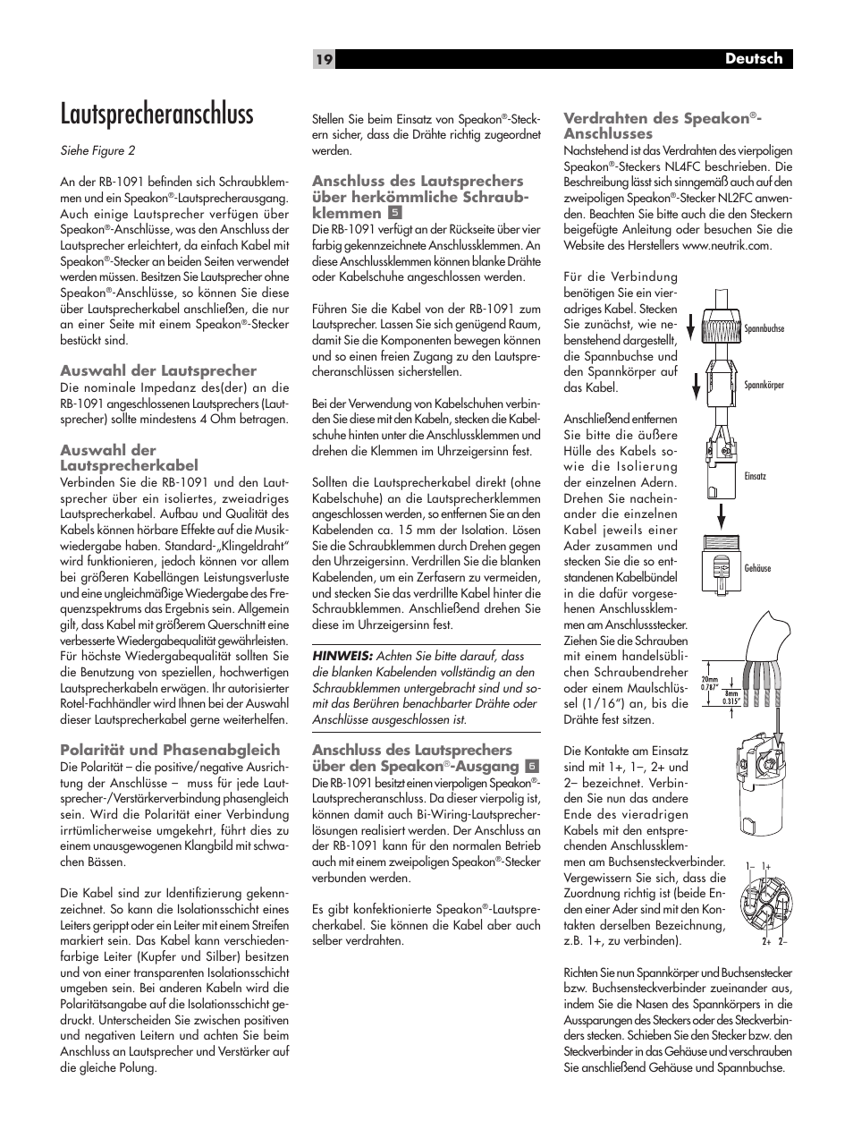 Lautsprecheranschluss | ROTEL RB-1091 User Manual | Page 19 / 52