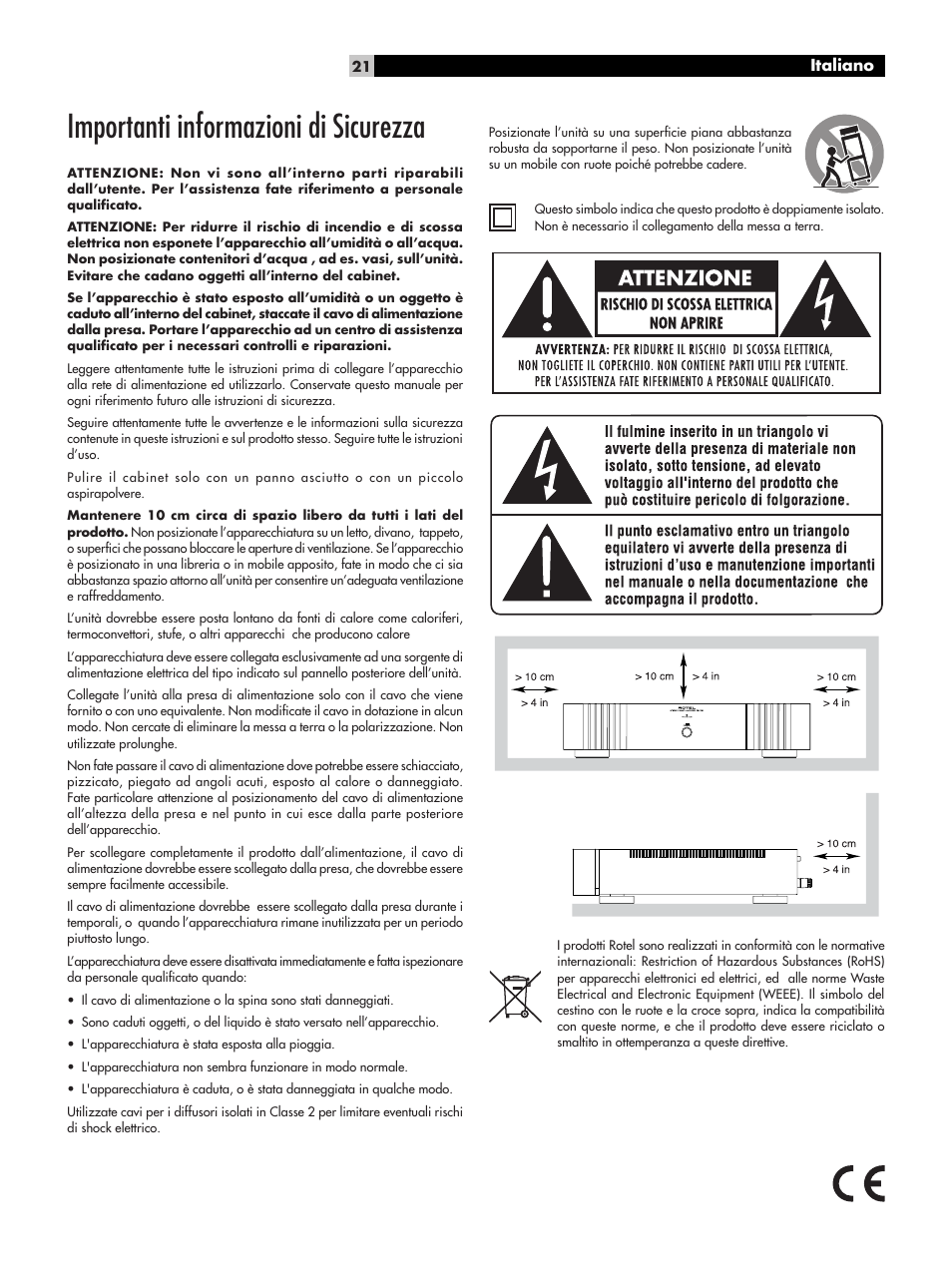 Importanti informazioni di sicurezza, Italiano | ROTEL RB-1091 User Manual | Page 21 / 52