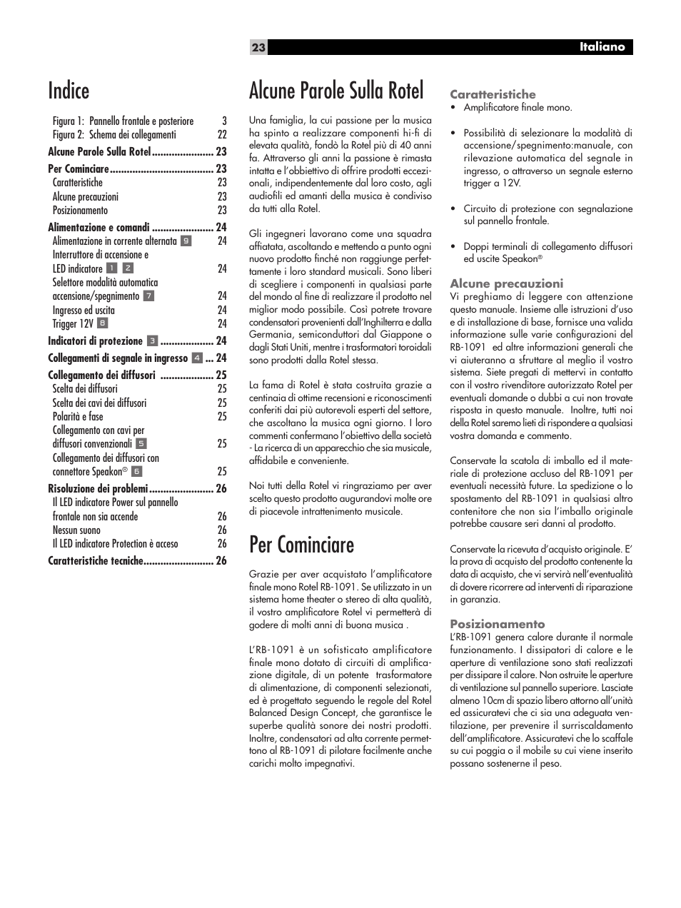 Alcune parole sulla rotel, Per cominciare, Indice | ROTEL RB-1091 User Manual | Page 23 / 52