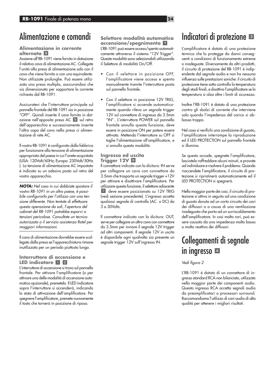 Alimentazione e comandi, Indicatori di protezione, Collegamenti di segnale in ingresso | ROTEL RB-1091 User Manual | Page 24 / 52