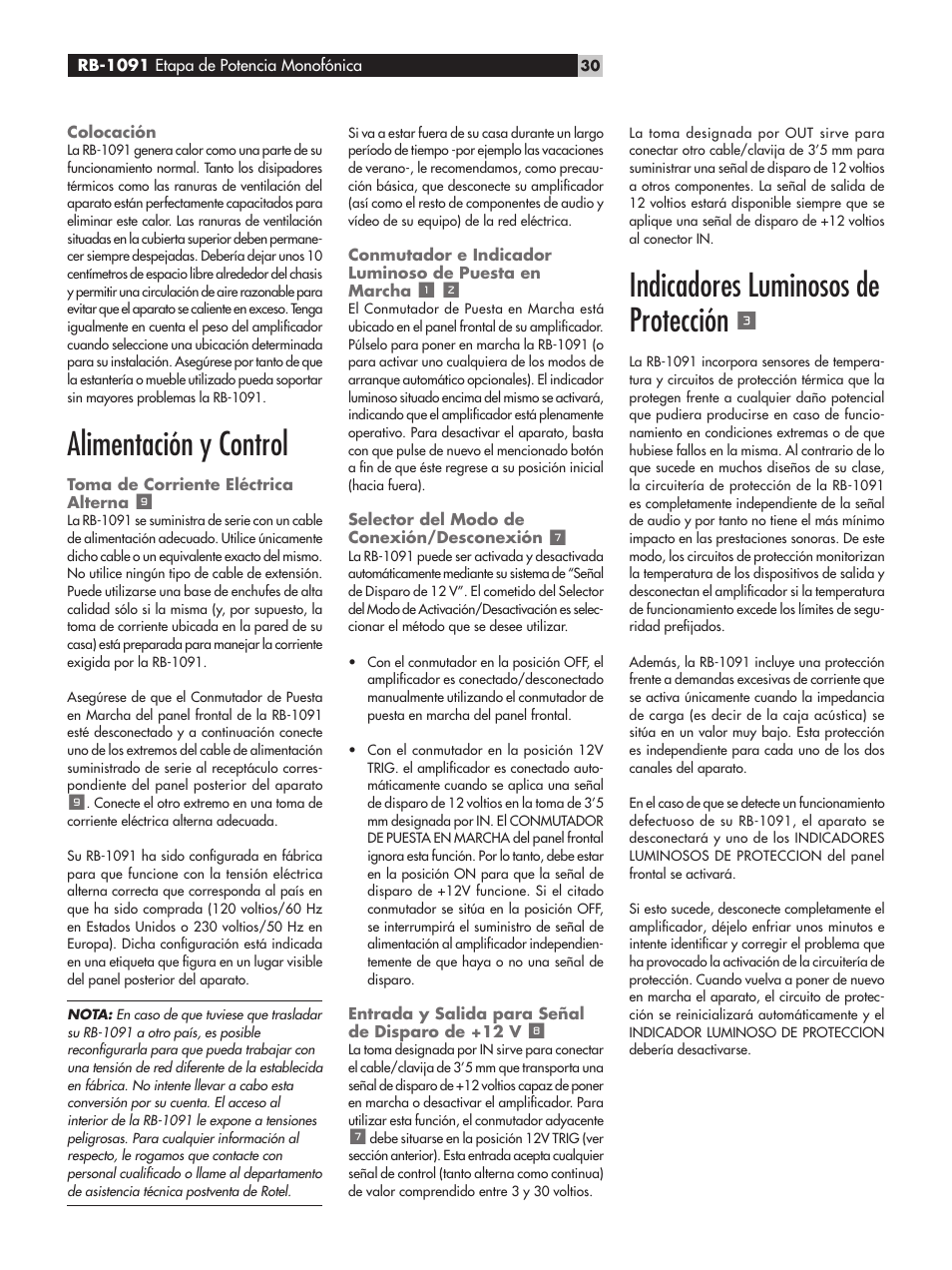 Alimentación y control, Indicadores luminosos de protección | ROTEL RB-1091 User Manual | Page 30 / 52