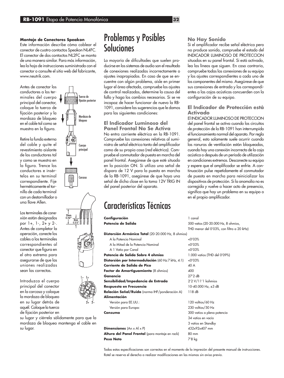 Problemas y posibles soluciones, Características técnicas, Rb-1091 etapa de potencia monofónica | No hay sonido, El indicador de protección está activado | ROTEL RB-1091 User Manual | Page 32 / 52