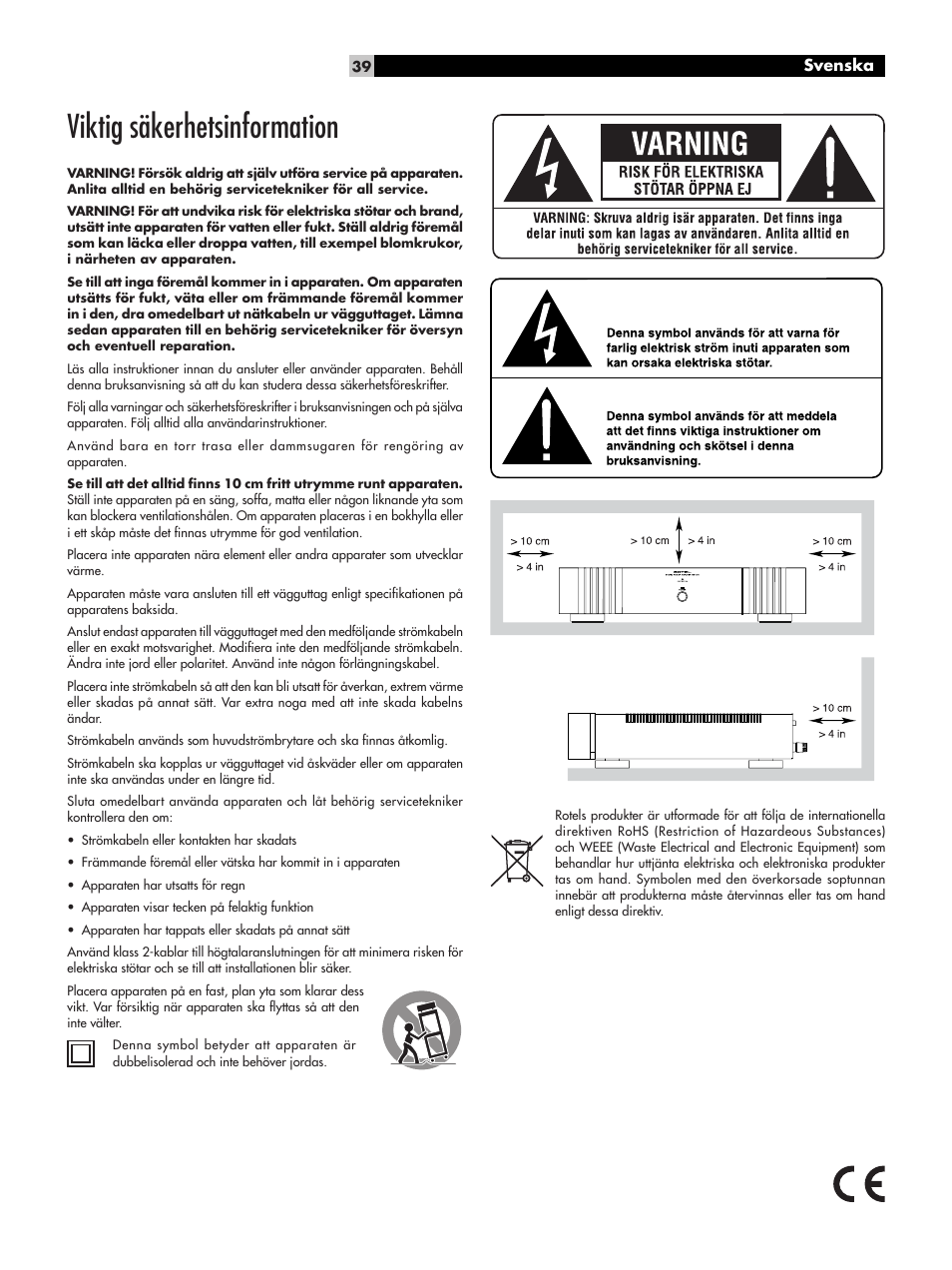Viktig säkerhetsinformation | ROTEL RB-1091 User Manual | Page 39 / 52
