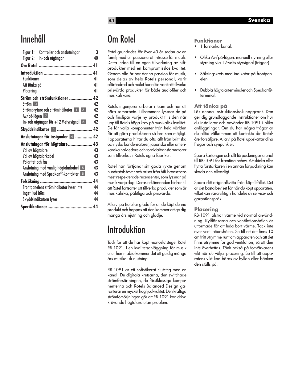 Om rotel, Introduktion, Innehåll | ROTEL RB-1091 User Manual | Page 41 / 52