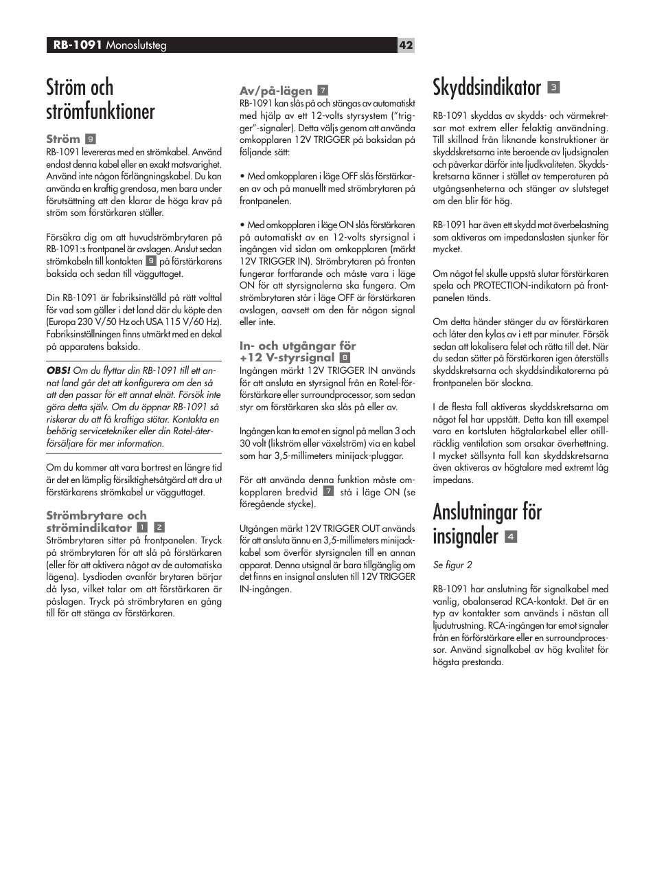 Ström och strömfunktioner, Skyddsindikator, Anslutningar för insignaler | ROTEL RB-1091 User Manual | Page 42 / 52