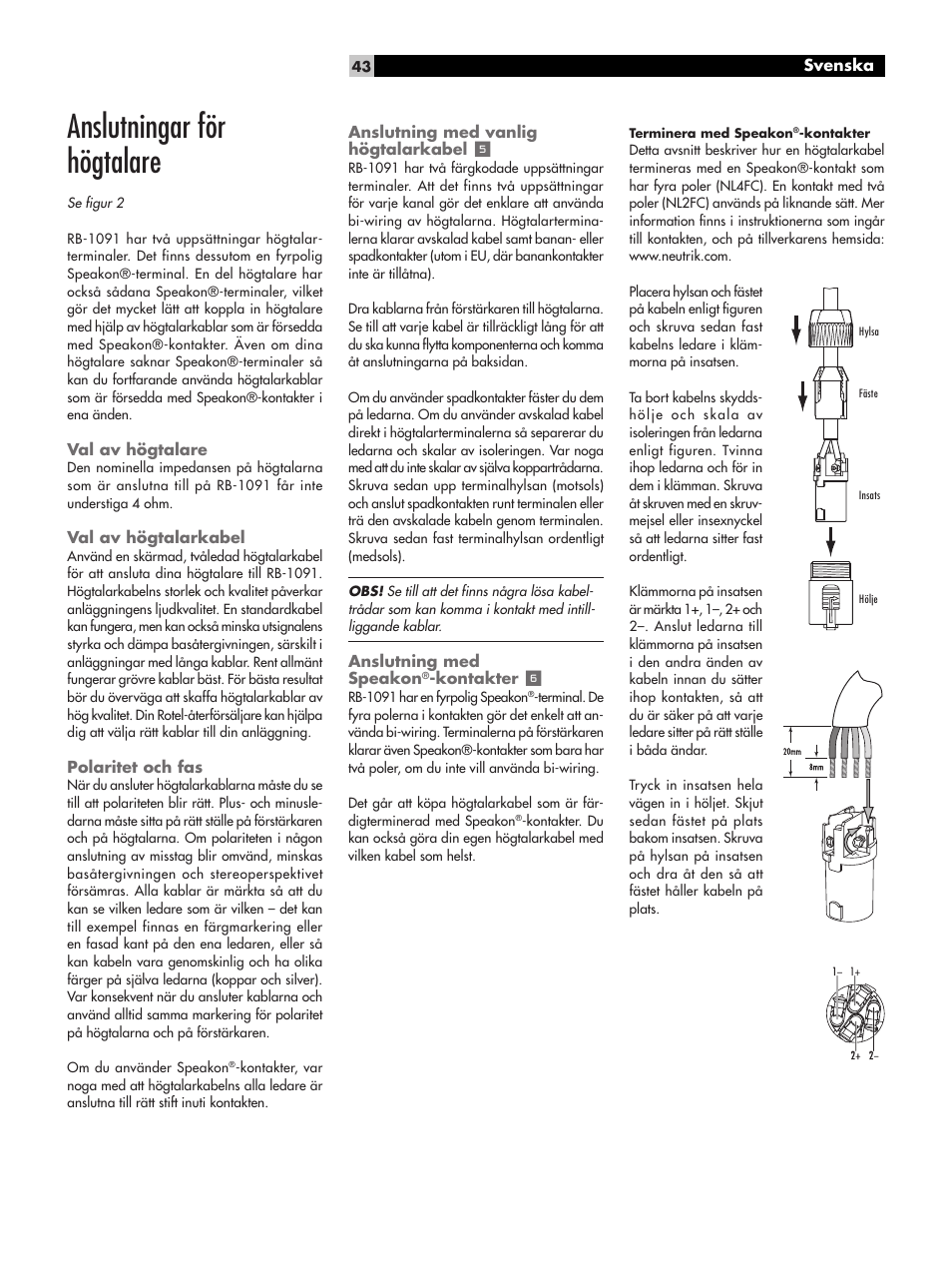 Anslutningar för högtalare | ROTEL RB-1091 User Manual | Page 43 / 52