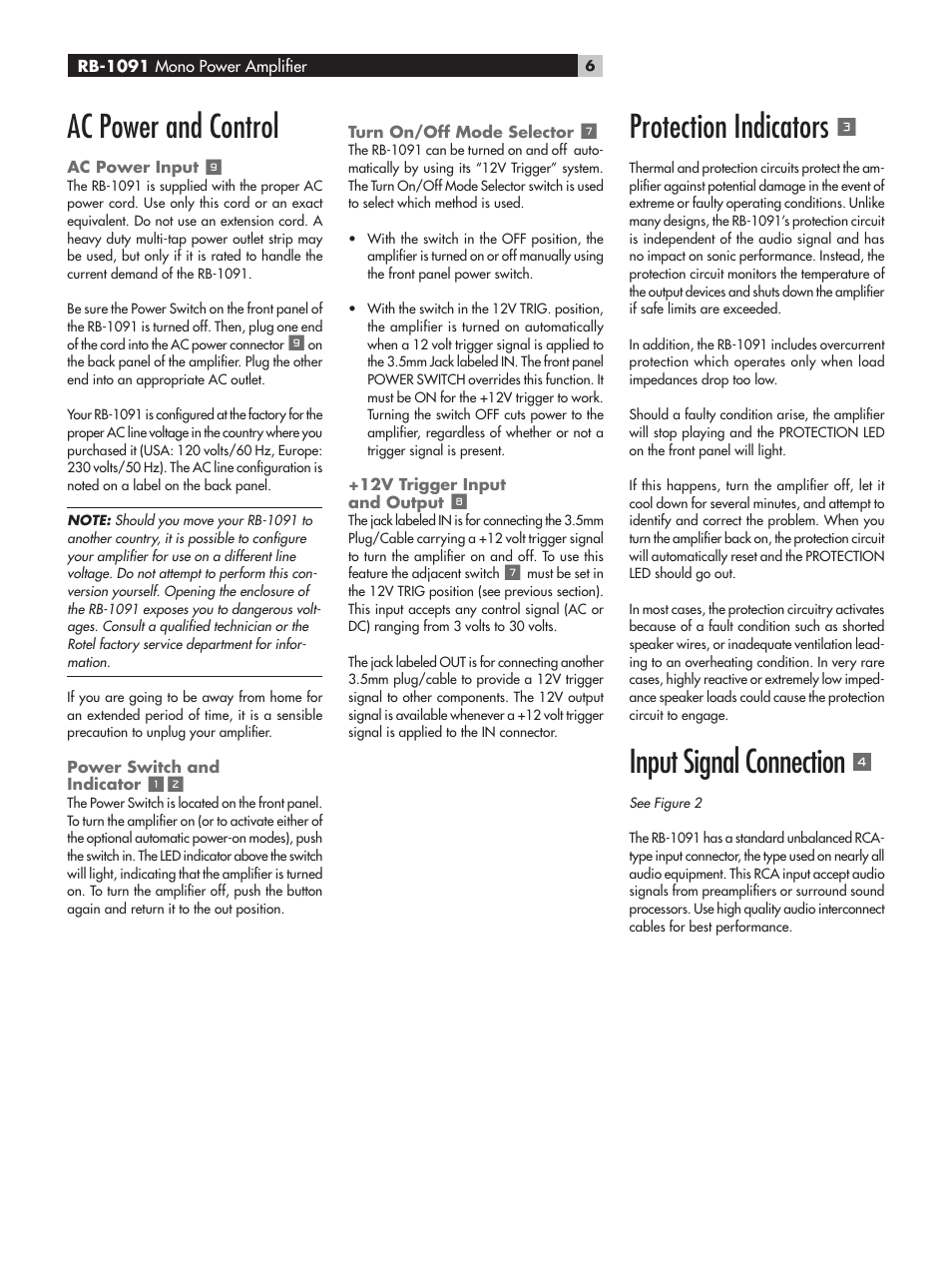 Ac power and control, Protection indicators, Input signal connection | ROTEL RB-1091 User Manual | Page 6 / 52