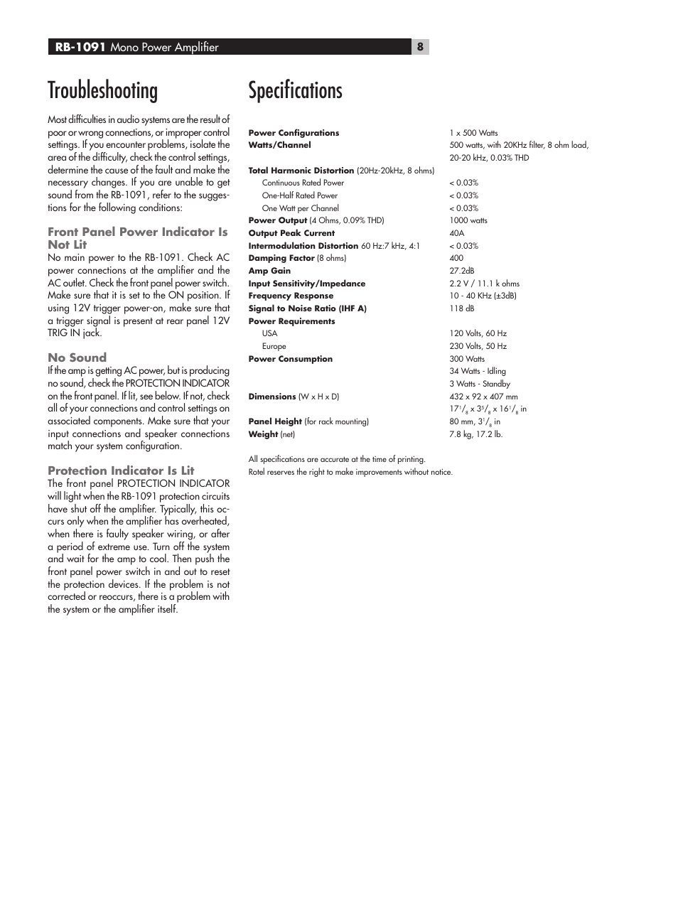 Troubleshooting, Speciﬁcations, Front panel power indicator is not lit | No sound, Protection indicator is lit, Rb-1091 mono power ampliﬁer | ROTEL RB-1091 User Manual | Page 8 / 52