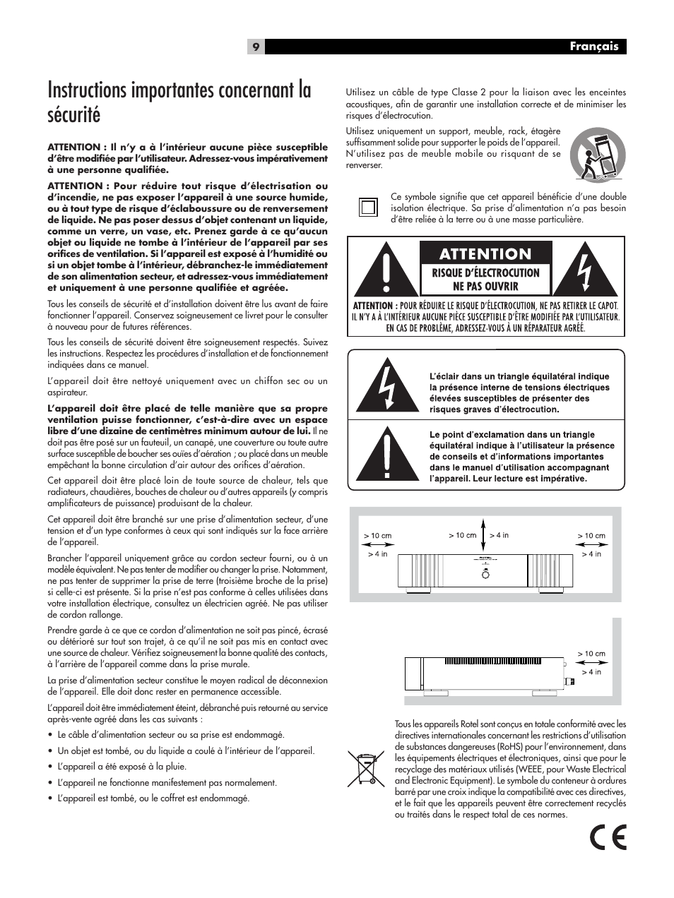 Instructions importantes concernant la sécurité | ROTEL RB-1091 User Manual | Page 9 / 52