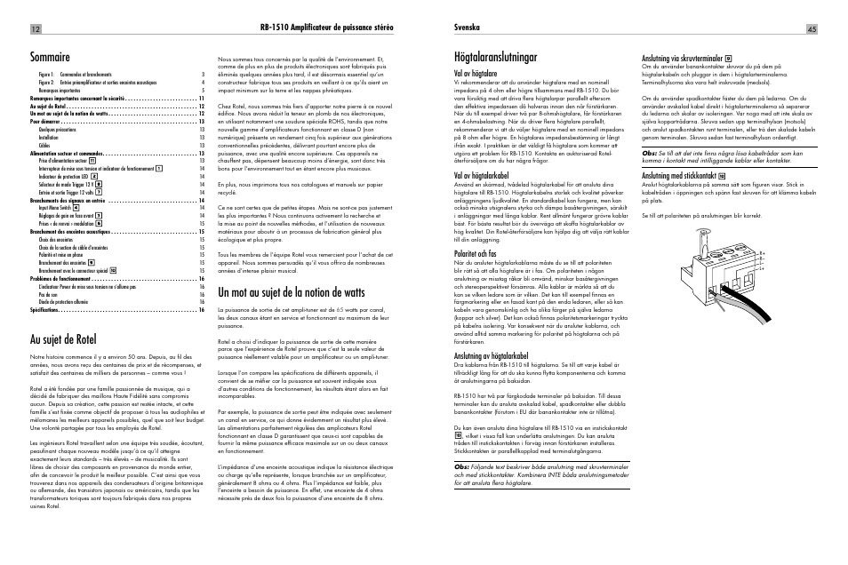 Au sujet de rotel, Un mot au sujet de la notion de watts, Sommaire | Högtalaranslutningar, Rb-1510 amplifi cateur de puissance stéréo, Svenska, Val av högtalare, Val av högtalarkabel, Polaritet och fas, Anslutning av högtalarkabel | ROTEL RB-1510 User Manual | Page 12 / 51
