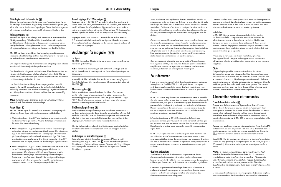 Anslutningar för insignaler, Pour démarrer, Alimentation secteur et commandes | Säkringsindikator, Av/på-lägen, In- och utgångar för 12 v-styrsignal, Monoomkopplare, Nivåkontroller på fronten, Anslutningar för länkade utsignaler, Français | ROTEL RB-1510 User Manual | Page 13 / 51