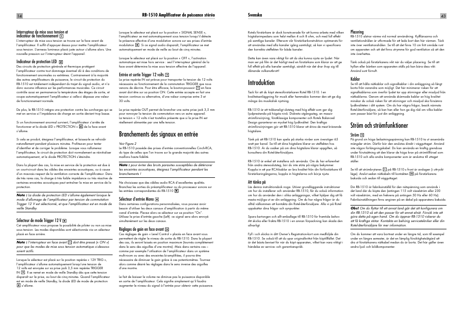 Branchements des signaux en entrée, Introduktion, Ström och strömfunktioner | Indicateur de protection led, Sélecteur de mode trigger 12 v, Entrée et sortie trigger 12 volts, Sélecteur d’entrée mono, Réglages de gain en face avant, Svenska, Att tänka på | ROTEL RB-1510 User Manual | Page 14 / 51