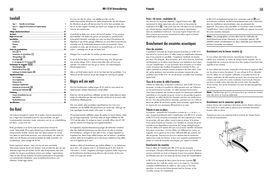 Om rotel, Några ord om watt, Innehåll | Branchement des enceintes acoustiques, Rb-1510 stereoslutsteg, Français prises « de renvoi » modulation, Choix des enceintes, Polarité et mise en phase, Branchement des enceintes, Branchement avec les bornes vissantes | ROTEL RB-1510 User Manual | Page 15 / 51