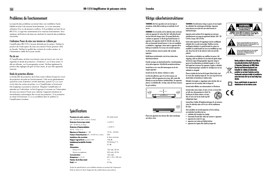 Problèmes de fonctionnement, Spécifi cations, Viktiga säkerhetsinstruktioner | Rb-1510 amplifi cateur de puissance stéréo, Pas de son, Diode de protection allumée, Svenska | ROTEL RB-1510 User Manual | Page 16 / 51