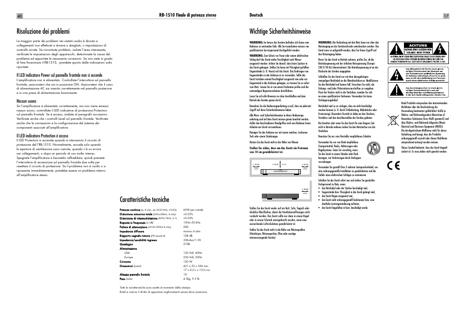 Risoluzione dei problemi, Caratteristiche tecniche, Wichtige sicherheitshinweise | Rb-1510 finale di potenza stereo, Nessun suono, Il led indicatore protection è acceso, Deutsch | ROTEL RB-1510 User Manual | Page 17 / 51