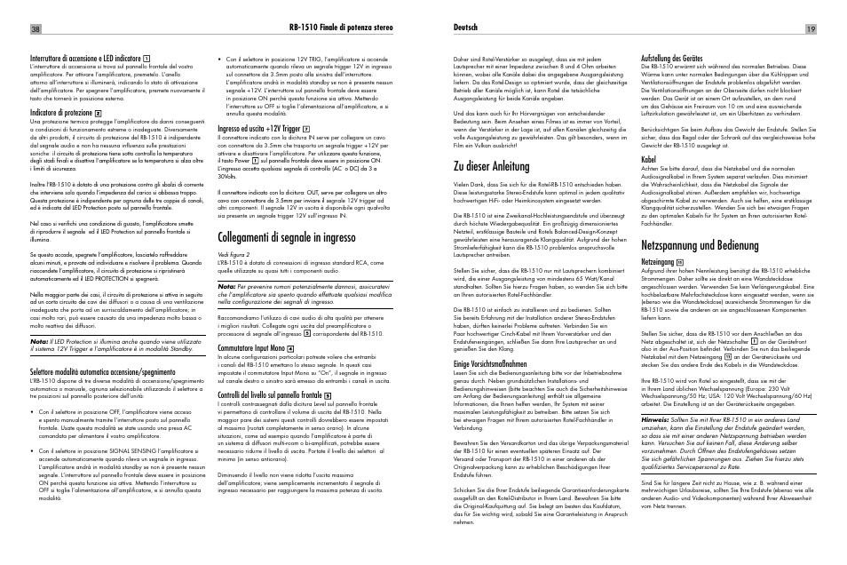 Collegamenti di segnale in ingresso, Zu dieser anleitung, Netzspannung und bedienung | Indicatore di protezione, Ingresso ed uscita +12v trigger, Commutatore input mono, Controlli del livello sul pannello frontale, Deutsch, Einige vorsichtsmaßnahmen, Aufstellung des gerätes | ROTEL RB-1510 User Manual | Page 19 / 51