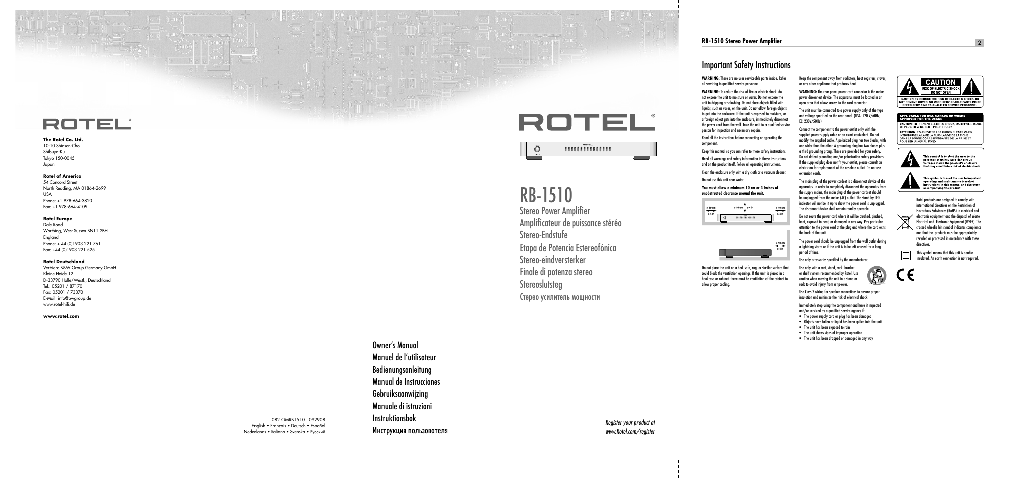 Rb-1510, Important safety instructions, Rb-1510 stereo power amplifi er | ROTEL RB-1510 User Manual | Page 2 / 51