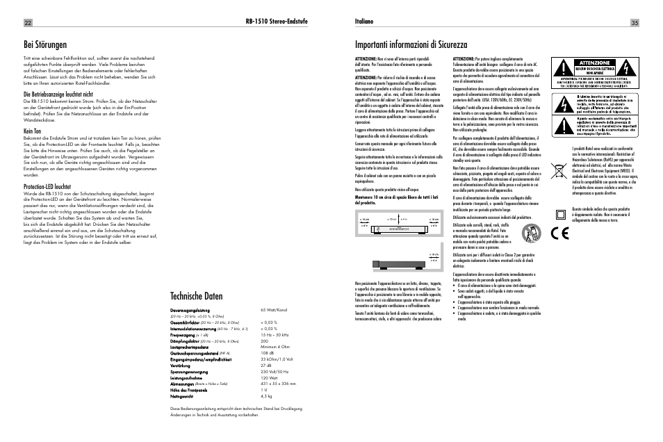 Bei störungen, Technische daten, Importanti informazioni di sicurezza | Rb-1510 stereo-endstufe, Die betriebsanzeige leuchtet nicht, Kein ton, Protection-led leuchtet, Italiano | ROTEL RB-1510 User Manual | Page 22 / 51