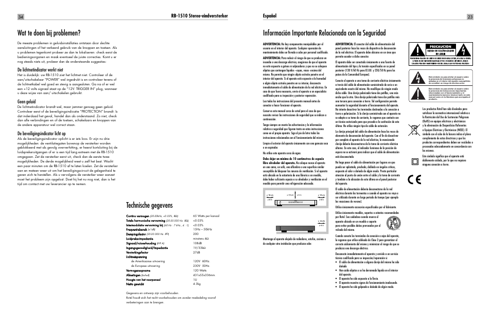 Wat te doen bij problemen, Technische gegevens, Rb-1510 stereo-eindversterker | De lichtnetindicator werkt niet, Geen geluid, De beveiligingsindicator licht op, Español | ROTEL RB-1510 User Manual | Page 23 / 51