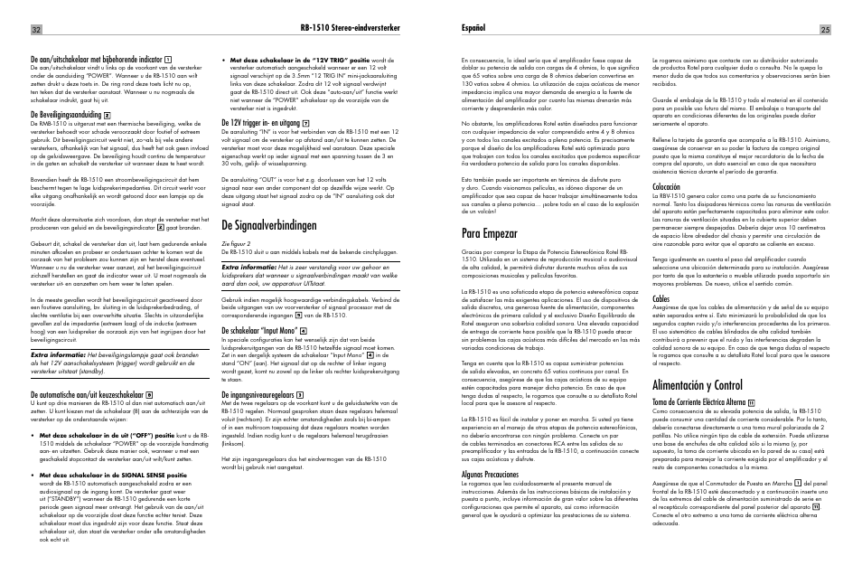 De signaalverbindingen, Para empezar, Alimentación y control | De beveiligingsaanduiding, De automatische aan/uit keuzeschakelaar, De 12v trigger in- en uitgang, De schakelaar “input mono, De ingangsniveauregelaars, Español, Algunas precauciones | ROTEL RB-1510 User Manual | Page 25 / 51