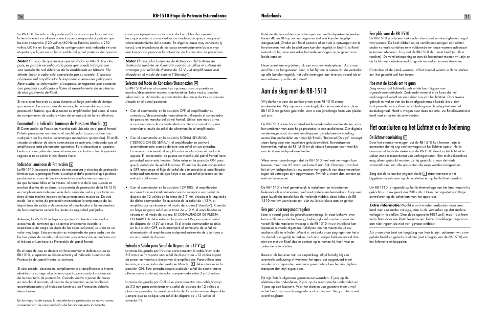 Aan de slag met de rb-1510, Het aansluiten op het lichtnet en de bediening, Rb-1510 etapa de potencia estereofónica | Indicador luminoso de protección, Selector del modo de conexión/desconexión, Entrada y salida para señal de disparo de +12 v, Nederlands, Een paar voorzorgsmaatregelen, Een plek voor de rb-1510, Hoe met de kabels om te gaan | ROTEL RB-1510 User Manual | Page 26 / 51