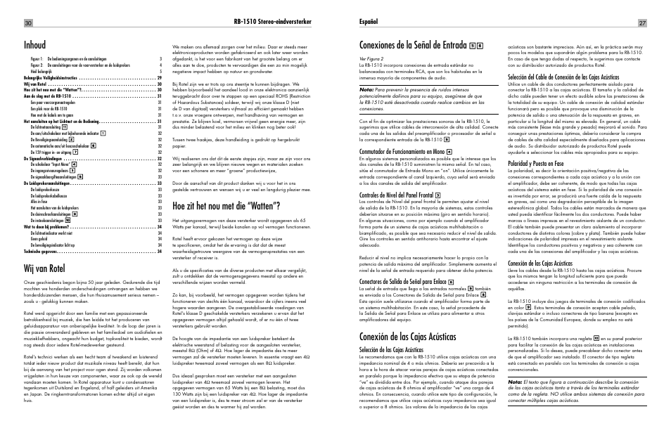 Wij van rotel, Hoe zit het nou met die “watten, Inhoud | Conexiones de la señal de entrada, Conexión de las cajas acústicas, Rb-1510 stereo-eindversterker, Español, Conmutador de funcionamiento en mono, Controles de nivel del panel frontal, Conectores de salida de señal para enlace | ROTEL RB-1510 User Manual | Page 27 / 51