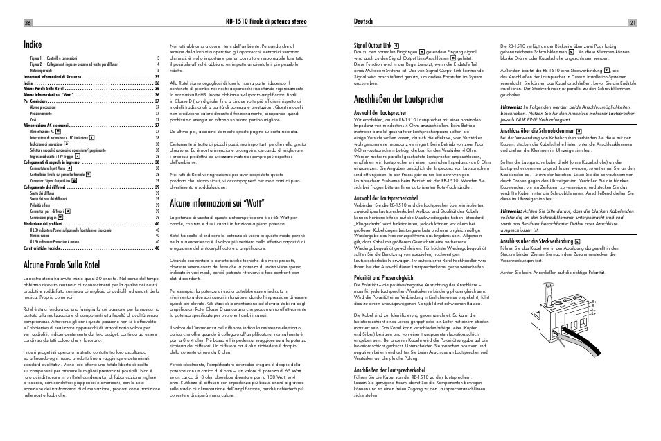 Alcune parole sulla rotel, Alcune informazioni sui “watt, Indice | Anschließen der lautsprecher, Rb-1510 finale di potenza stereo, Deutsch signal output link, Auswahl der lautsprecher, Auswahl der lautsprecherkabel, Polarität und phasenabgleich, Anschließen der lautsprecherkabel | ROTEL RB-1510 User Manual | Page 34 / 51