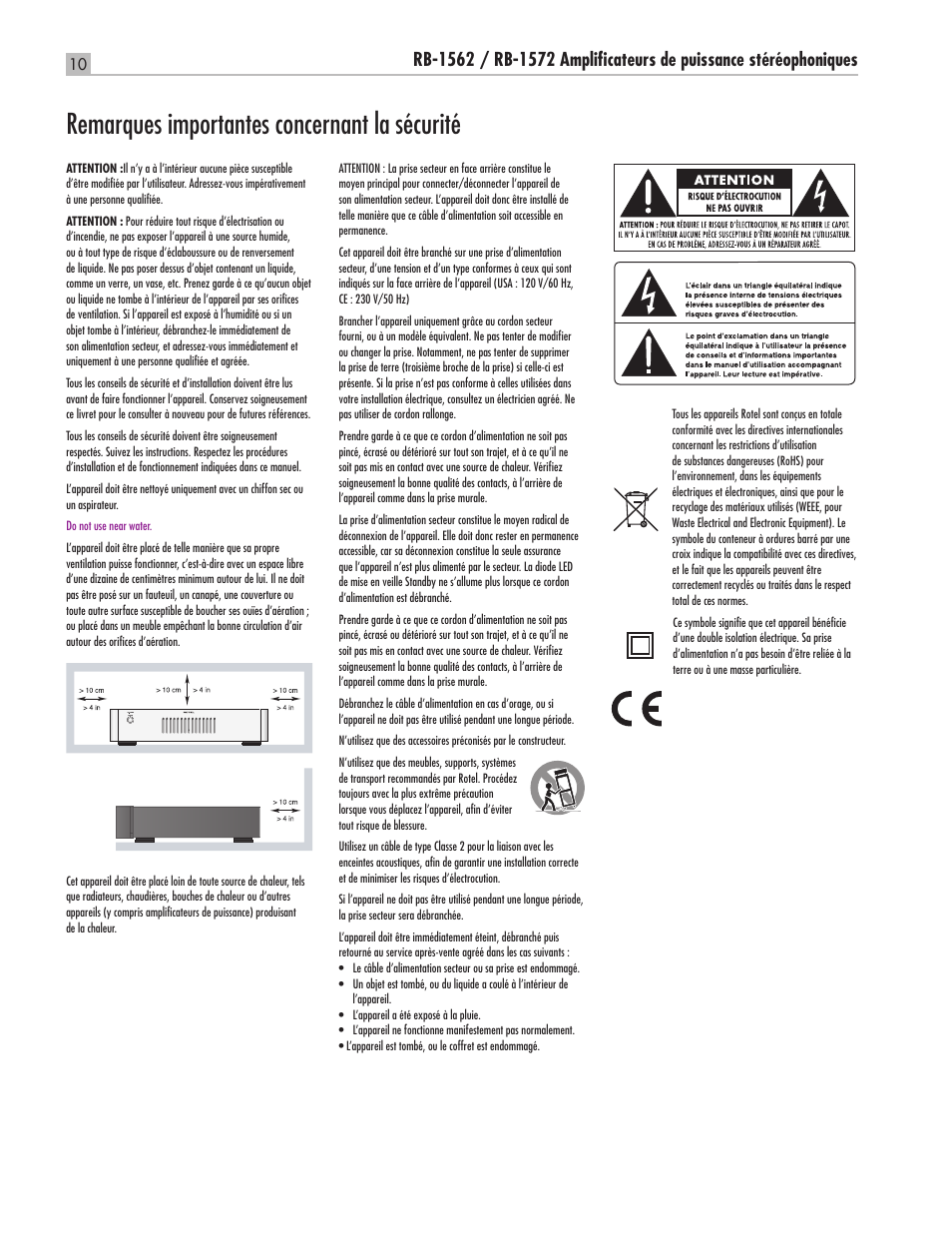 Remarques importantes concernant la sécurité | ROTEL RB-1562 User Manual | Page 10 / 20